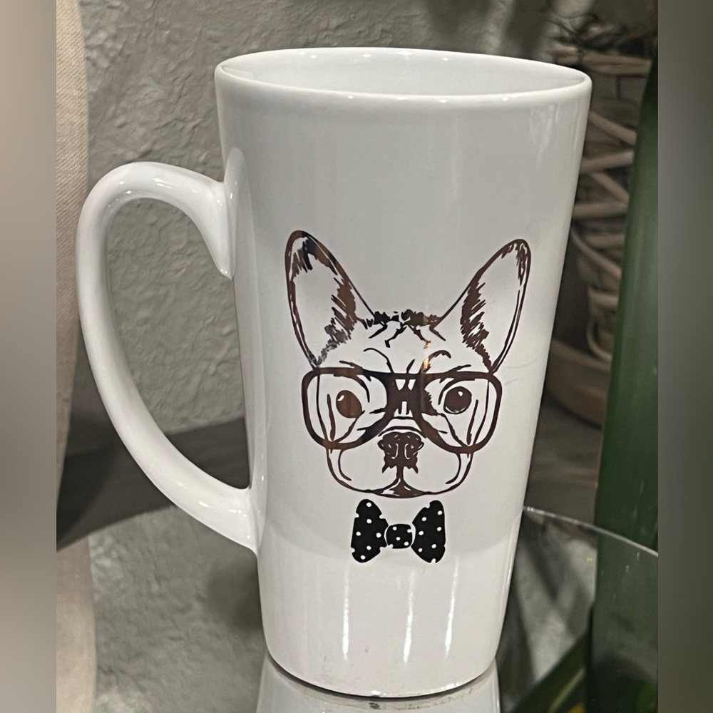 Tall mug French bulldog with glasses and a bow tie coffee latte NWOT